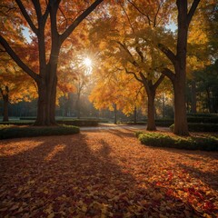 "A quiet park in autumn with golden, orange, and red leaves carpeting the ground, tall trees shedding their leaves, and a soft, warm sunset casting long shadows, rich and realistic colors"