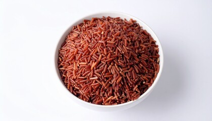 Fototapeta premium A Bowl of Red Rice on a White Background – Healthy, Organic Whole Grain Rice for Nutritious Meals, Vegan, Gluten-Free, and Rich in Essential Nutrients