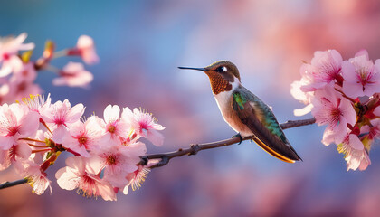 hummingbird perched on the edge of a branch with a few blooming cherry blossoms behind it nature branches