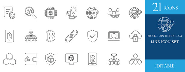 Clean and minimal line icon set of blockchain technology, cryptocurrency, bitcoin, fintech, digital security, and decentralized network. Perfect for digital finance and technology projects