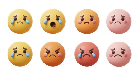 Naklejka premium Row of Round, Matte Sadness: Varied Expressions of Crying, Disappointment, and Anger.