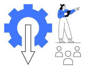 Gear with arrow signifying process efficiency, woman with tablet pointing toward a team. Ideal for business strategy, teamwork, decision-making, productivity, workflow, management, simple landing