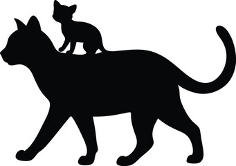 Silhouette of a mother cat carrying her kitten on her back