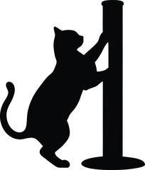 Silhouette of a cat scratching or climbing a post, isolated on white