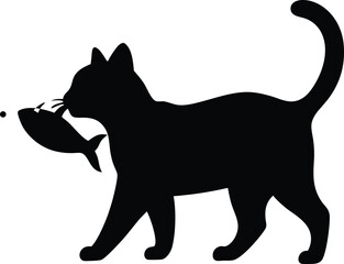 A cat taking a fish on his mouth black and white silhouette vector art