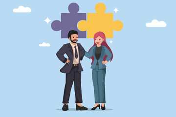 Business Partnership Concept Businessman and Businesswoman Standing Together with Puzzle Pieces Background