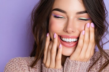 Fototapeta premium A beautiful woman with pink and purple eyeshadow, smiling while gently touching her face against the light background