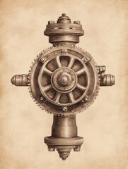 Fototapeta premium Steampunk Engine Design A Vintage Industrial Illustration Technical Drawing Detailed Gear Mechanism On Parchment