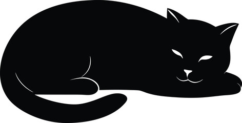 Stylized black cat sleeping peacefully with a curled tail and smile