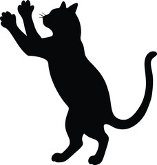 Silhouette of a black cat reaching upwards against a white background