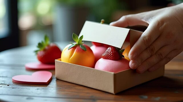 Elegant Gift Box Filled with Fruit and Berry Shaped Mousse Cakes on a Cafe Table