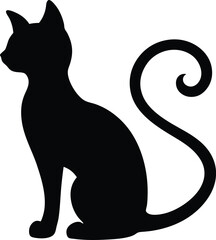 Elegant black cat silhouette with a curly tail on a white background