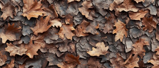 Captivating Autumnal Mosaic Pattern Featuring Dry Oak Leaves and Nature Inspired Organic Ground Texture