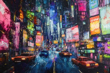 Cyberpunk nightscape with layered city structures, pulsing neon advertisements