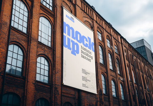 Advertising Banner Mockup on Historic Building for Design and Branding Projects