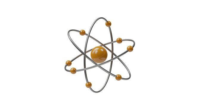 A detailed 3d render of an atom model isolated against a plain white backdrop, ideal for science.
