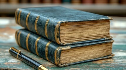 Stacked books & pen