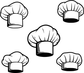 set black various style vector bakers hat, chef hat silhouettes
