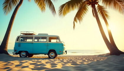 A charming vintage van parked on a sandy beach, framed by the silhouette of palm trees.