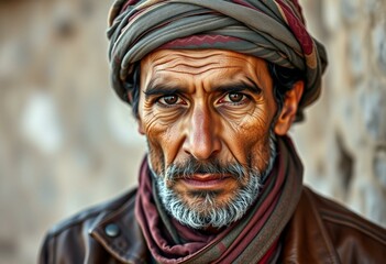 Male nomad portrait with traditional headscarf and leather jacket