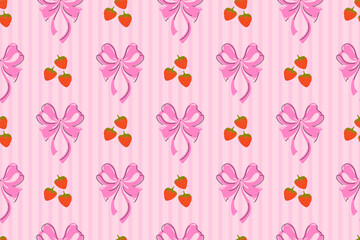 Cute red strawberries, pink coquette bows seamless pattern design with pink color striped texture print background