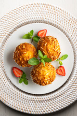 Delicious muffins with toasted almonds. Top view table.