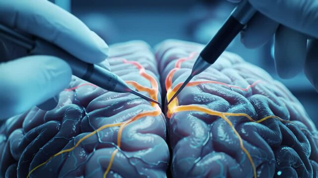 Surgeons perform advanced procedures on a model of the human brain, highlighting innovative techniques and precision instruments in a sterile environment focused on neurological health.