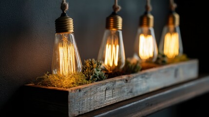 Warm toned rustic light fixture with three Edison bulbs, nestled in greenery on reclaimed wood.