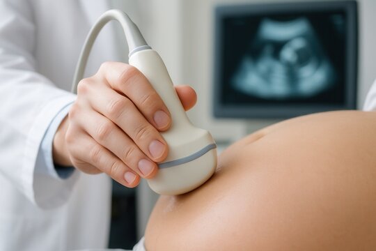 Doctor performing ultrasound scan on pregnant woman's belly