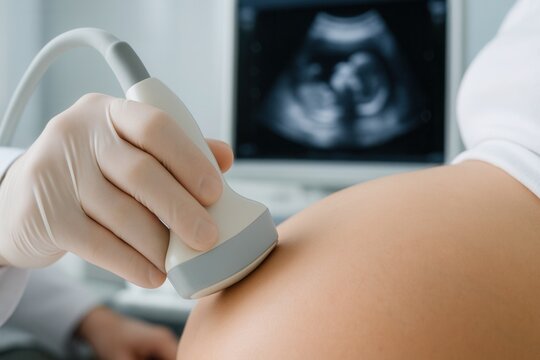 Doctor performing ultrasound scan on pregnant woman's belly