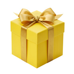 Obraz premium Yellow gift box with Elegant golden ribbon and Elegant golden bow on white or transparent background, PNG