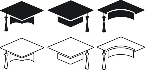 Graduation hat cap flat and outline icons set. Academic degree pictogram vectors. Graduation student black cap, diploma sign. University graduation ceremony symbols isolated on transparent background.
