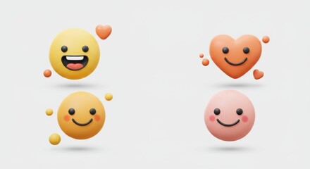 Naklejka premium Smiling Emoticon Set: Yellow, Orange, and Pink 3D Faces with Hearts, on White.