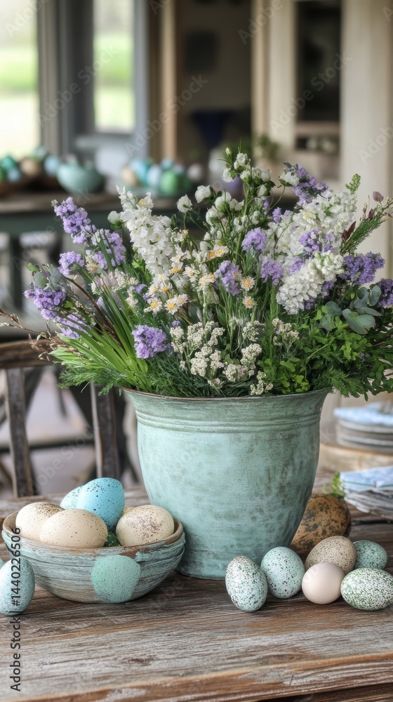 Poster charming easter still life bouquet of flowers in a pot with decorative eggs on a rustic tabletop ind