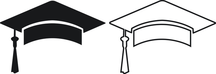 Graduation hat cap flat and outline icons set. Academic degree pictogram vectors. Graduation student black cap, diploma sign. University graduation ceremony symbols isolated on transparent background.