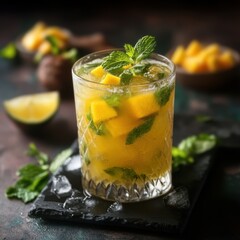 Refreshing mango mojito beverage garnished with mint on slate black coaster dark background studio shot
