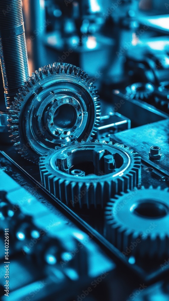 Poster detailed blue gears mechanism industrial precision showing intricate design reflecting power and eng