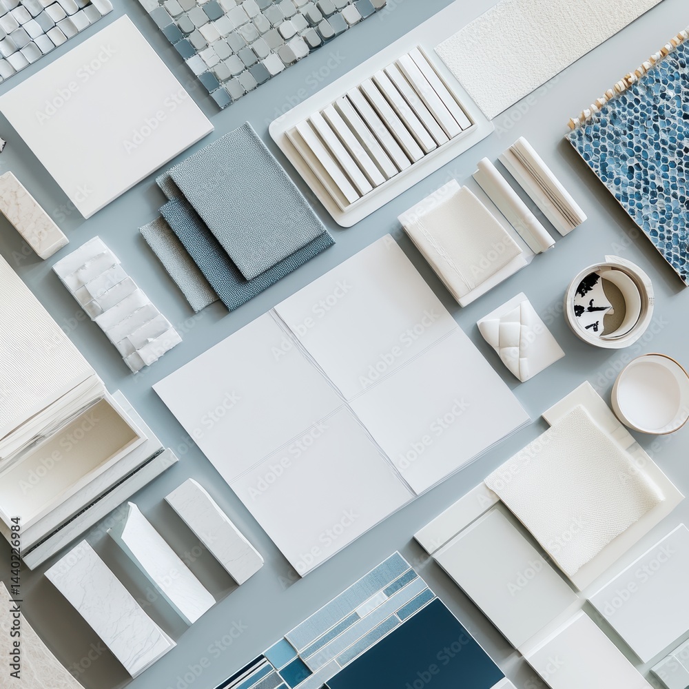 Aufkleber sophisticated selection of tile marble and fabric samples for interior design in a serene neutral pa