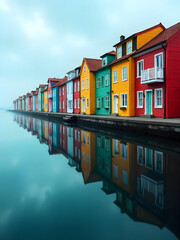 Naklejka premium Colorful waterfront buildings reflect on the calm waters of the sea, offering a picturesque scenery.