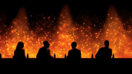 Fototapeta premium Silhouetted figures sit at a bar, enjoying drinks against a fiery, orange and black backdrop. The scene is dark and mysterious, with a warm, intense atmosphere.