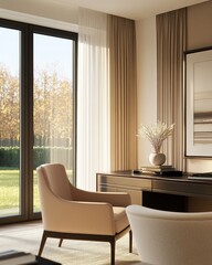 Fototapeta premium Elegant Interior Design with Natural Light Chair Vase and Desk in a Modern Living Room Setting Autumn Colors