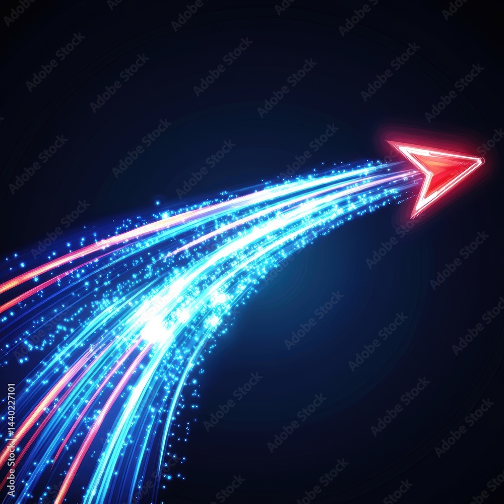 Poster abstract red arrow trajectory emerging with luminous streaks against dark background innovative appr