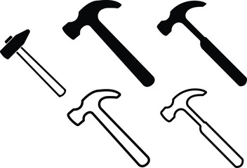 Carpenter hammer icons set black flat, outline styles. Hammer tool used for construction or repair. Judge gavel sign, symbols for graphic and web designs collection isolated on transparent background.