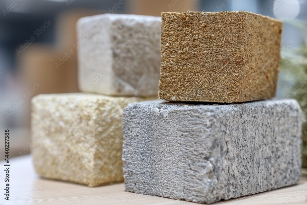 Aufkleber artistic studio shot of concrete and wood cubes stacked in a geometrical arrangement showcasing text