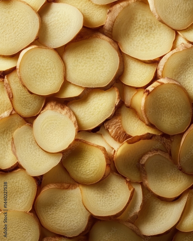 Poster overhead close up captures fresh yellow ginger root slices presenting aromatic spice in warm studio 