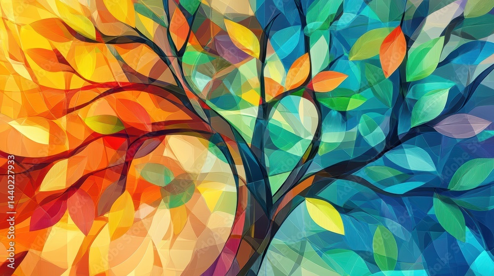 Aufkleber stunning tree art with warm and cool colors split painting style dynamic composition abstract artwor