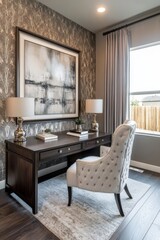 Interior home office setup with wooden desk elegant chair and artistic artwork at a modern residence