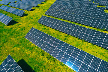 Solar panels park generating green energy electric.Green energy reduce carbon emissions and makes earth cleaner and more ecological.