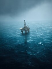 Obraz premium Offshore Oil Rig amidst a Tranquil Turquoise Sea Under a Foggy Sky Creating a Dramatic Impression