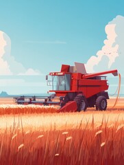 Fototapeta premium Red Combine Harvester at Work in Golden Wheat Field on a Sunny Day with Fluffy Clouds and Birds